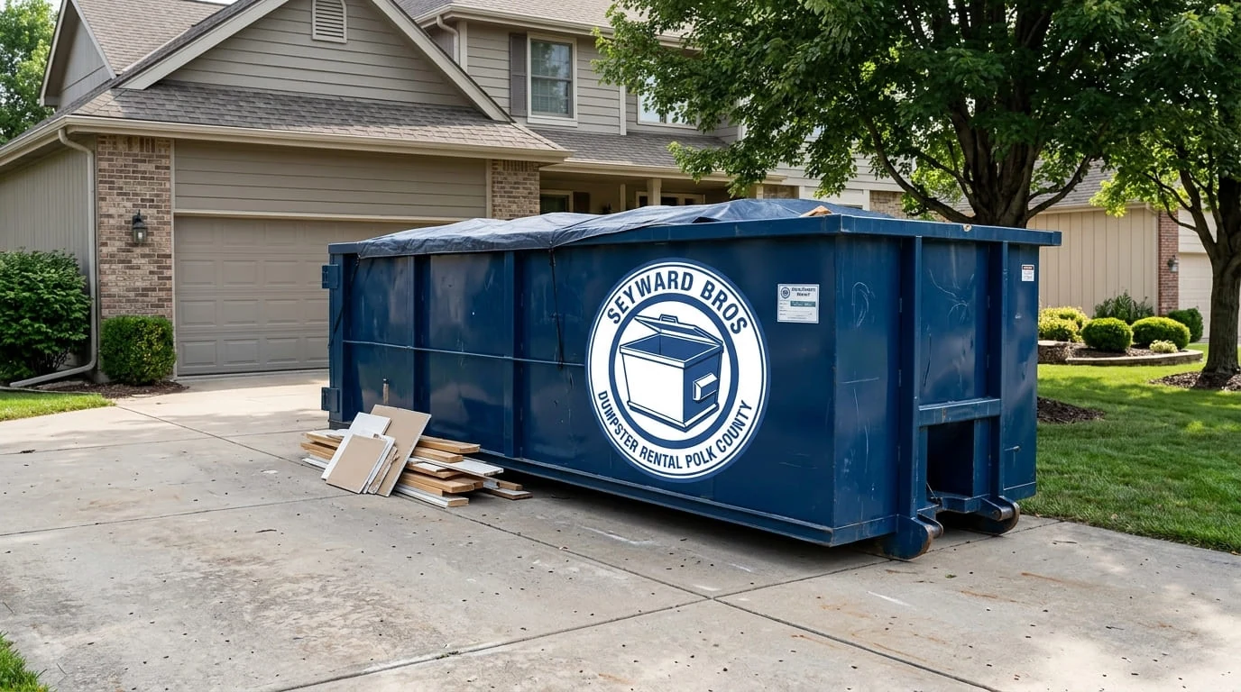 30 yard roll-off dumpster staged in a driveway for a Polk County renovation project