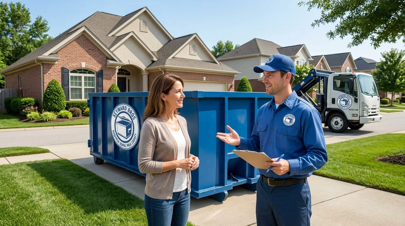 A Seyward Bros Dumpster Rental Polk County driver talking through a delivery with a Lakeland, FL homeowner