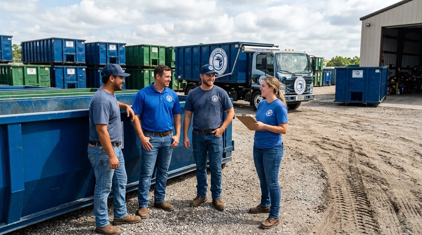 The Seyward Bros Dumpster Rental Polk County crew talking through a delivery in Lakeland, FL
